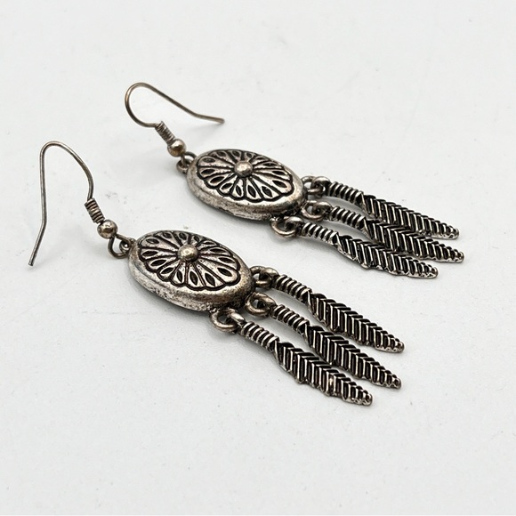 South American Navajo Style Concho Feather Dangle Earrings - Picture 5 of 6